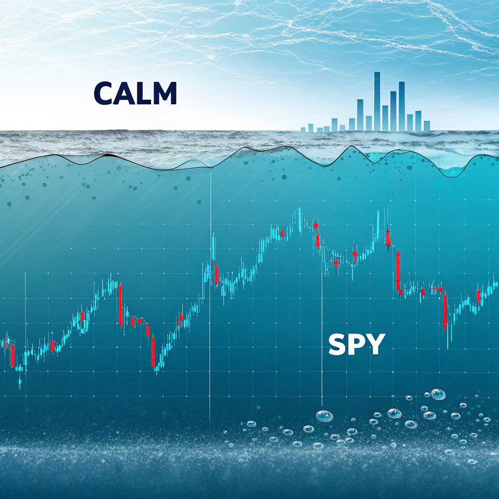 AI generated image by Red Panda AI: Top half: Calm, glassy water surface in deep blue/teal tones - perfectly still and reflective, representing the deceptive market calm
Bottom half: Underwater view showing intense pressure building - swirling currents, bubbles rising, or tectonic-like tension in darker, more turbulent blues and grays
Visual metaphor elements:
Thin horizontal line where surface meets underwater (like a support level)
Subtle SPY candlestick chart pattern ghosted/watermarked in the calm surface area
Small cracks or stress lines beginning to form at the surface tension point
Color gradient from peaceful blue (top) to warning amber/red (bottom pressure zone)
Style: Clean, modern financial graphic with a slightly ominous undertone. Not dramatic or sensational, but clearly conveying that something is building beneath apparent stability.