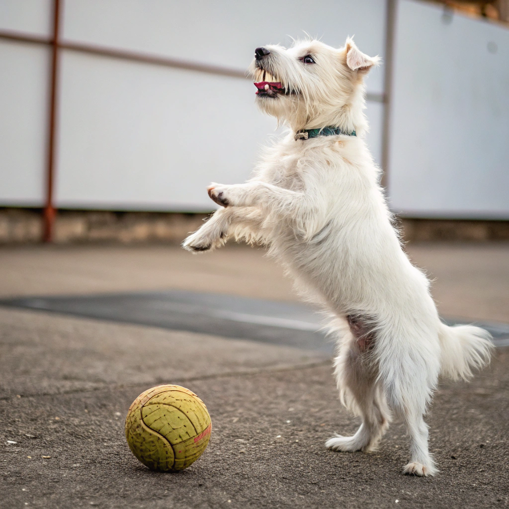 AI generated image by Red Panda AI: un perro blanco parado en dos pata y empujando una pelota con su hocico hacia la camara