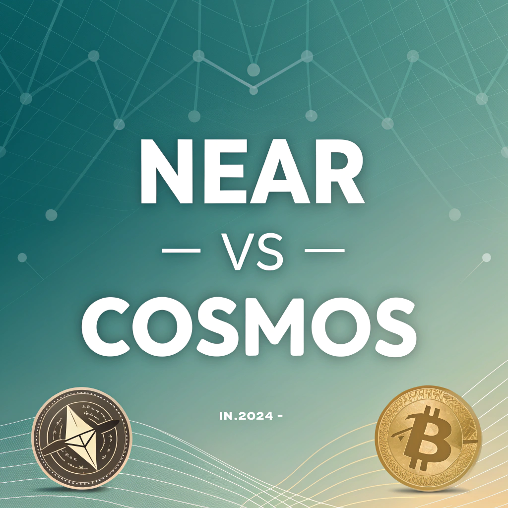 AI generated image by Red Panda AI: A blogpost banner for comparison of 2 cryptocurrencies. Big word "NEAR vs Cosmos" and small subtitle "- in 2024"-
