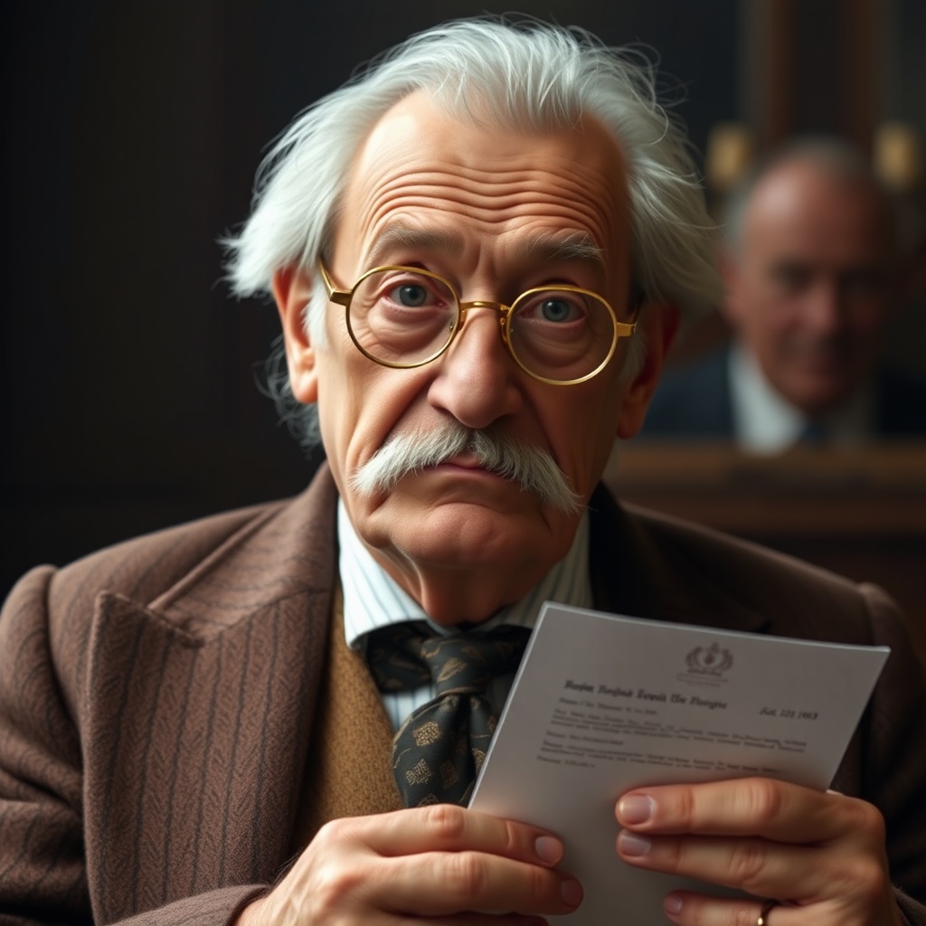 AI generated image by FLUX.1-schnell: An old gentleman with gold spectacles and grey hair, who serves as Baron Hausberg's representative. He delivers the letter and cheque to Hughie, revealing the baron’s generosity.