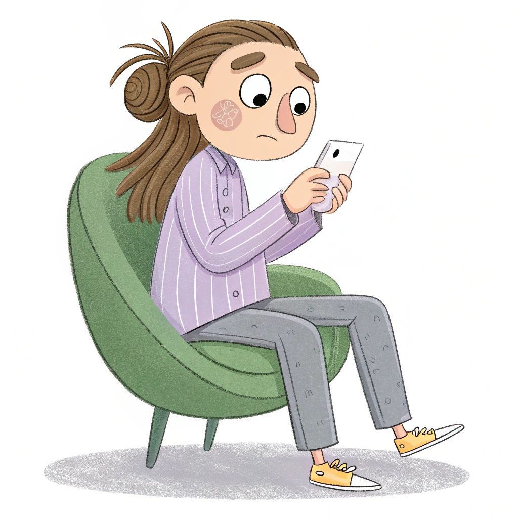 AI generated image by Red Panda AI: Create a tall person with long hair tied in the middle, slightly pink cheeks, and a small dot on the left cheek. They have large eyes and a big nose. They are wearing a light purple striped long-sleeve shirt and gray long pants, with silver slippers on their feet. The person is sitting on a green chair, looking at a white phone.
