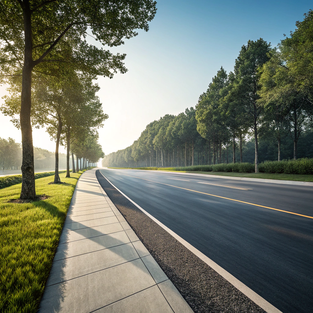 AI generated image by Red Panda AI: Vista vertical de una carretera con pavimento detallado en primer plano, una banqueta limpia al lado derecho, y árboles frondosos alineados al fondo. La perspectiva simula movimiento, con líneas de la carretera ligeramente desenfocadas hacia el horizonte y los árboles mostrando un leve desenfoque, como si la escena estuviera en desplazamiento rápido El cielo es claro y luminoso, con luz natural qu