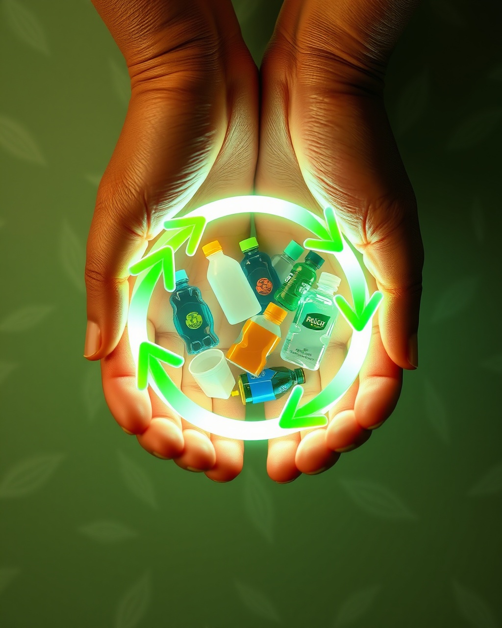 AI generated image by FLUX.1-schnell: Create a scene with two detailed, realistic hands holding a glowing, circular shape. Inside the circle, place several recyclable plastic objects such as bottles, containers, or small packaging items, arranged to show variety. Around the circle, add vibrant green and brown arrows in motion, symbolizing the flow of the circular economy. The circle and arrows should emit a soft glow to convey innovation and sustainability. In the background, include eco-friendly patterns like delicate leaves and geometric shapes, subtly blending without overwhelming the composition. Ensure the lighting highlights the hands and circle, creating a sense of care and technological advancement.