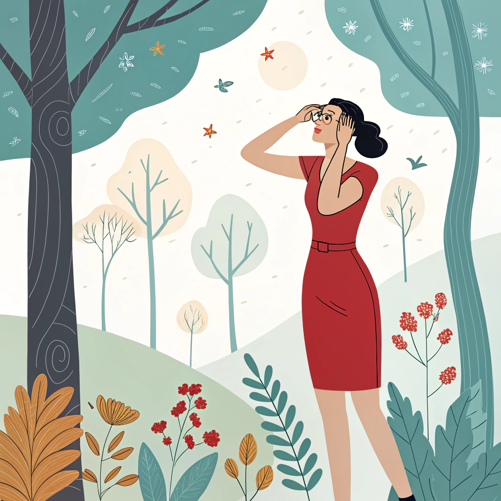 AI generated image by FLUX.1-schnell: i want an image of a woman looking forward with a tight dress. her hands covers her eyes. she is surrounded by nature objects. the theme is for an agenda to reach goals.