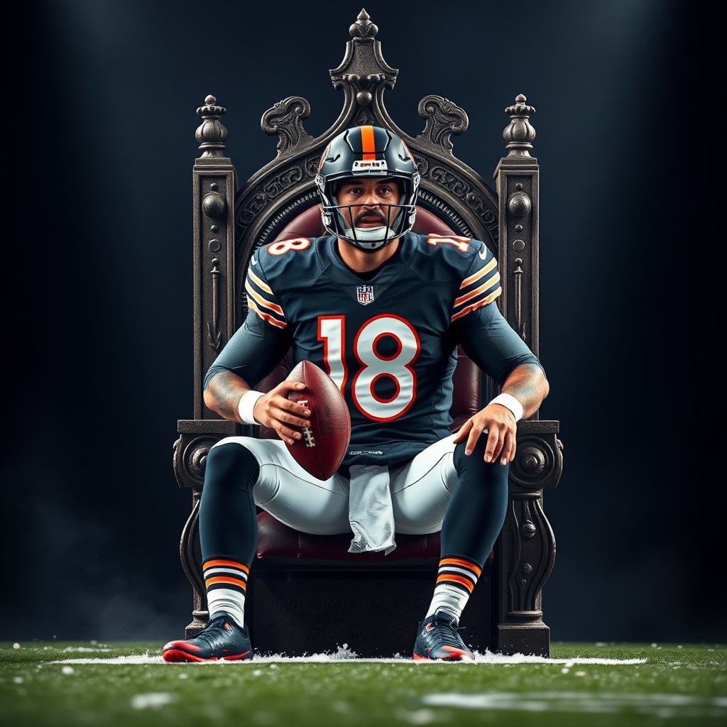 AI generated image by FLUX.1-schnell: Bears QB Caleb Williams 18 sitting on the NFC north throne