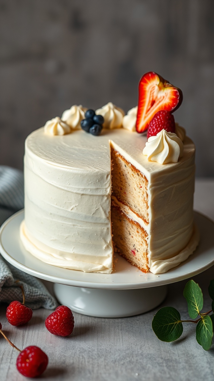 AI generated image by FLUX.1-schnell: Make a image of a cake with a cut of one pice of cake on right ride of image