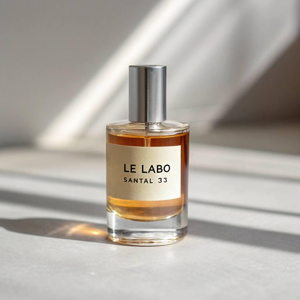 AI generated image by Red Panda AI: Detail close-up of a Le Labo Santal 33 perfume bottle in a minimalist style. The bottle is cylindrical with clear glass that shows a warm amber liquid inside. A simple, artisanal label with 'Le Labo Santal 33' printed in black gives it a handmade and exclusive vibe. The silver cap is sleek and understated, enhancing the bottle's elegance. The background is soft and neutral, casting gentle shadows to highlight the bottle’s craftsmanship. The lighting is bright but subtle, adding depth and a sense of luxury.
