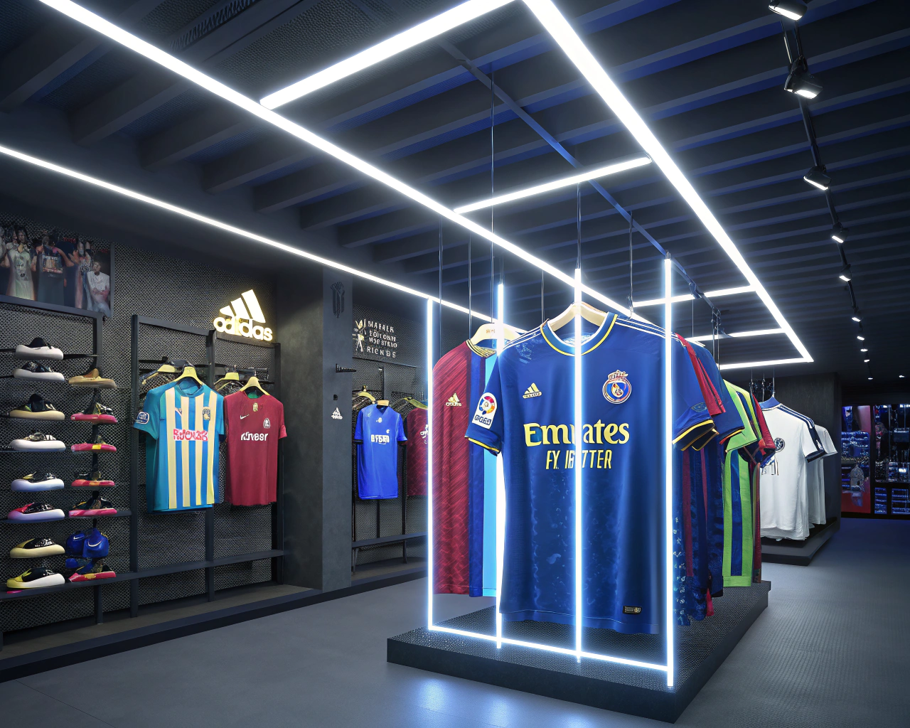 AI generated image by Red Panda AI: REALIZA LA IMAGEN DE UNA TIENDA DEPORTIVA CON LUZ NEON BLANCA , DONDE SE EXPONGA DIFERENTES JERSEYS DE FUTBOL , DONDE SE APRECIEN EL DEL EQUIPO DEL BARCELONA , REAL MADRID , PSG , AMERICA , CRUZ AZUL , TIGRES , MANCHESTER CITY .