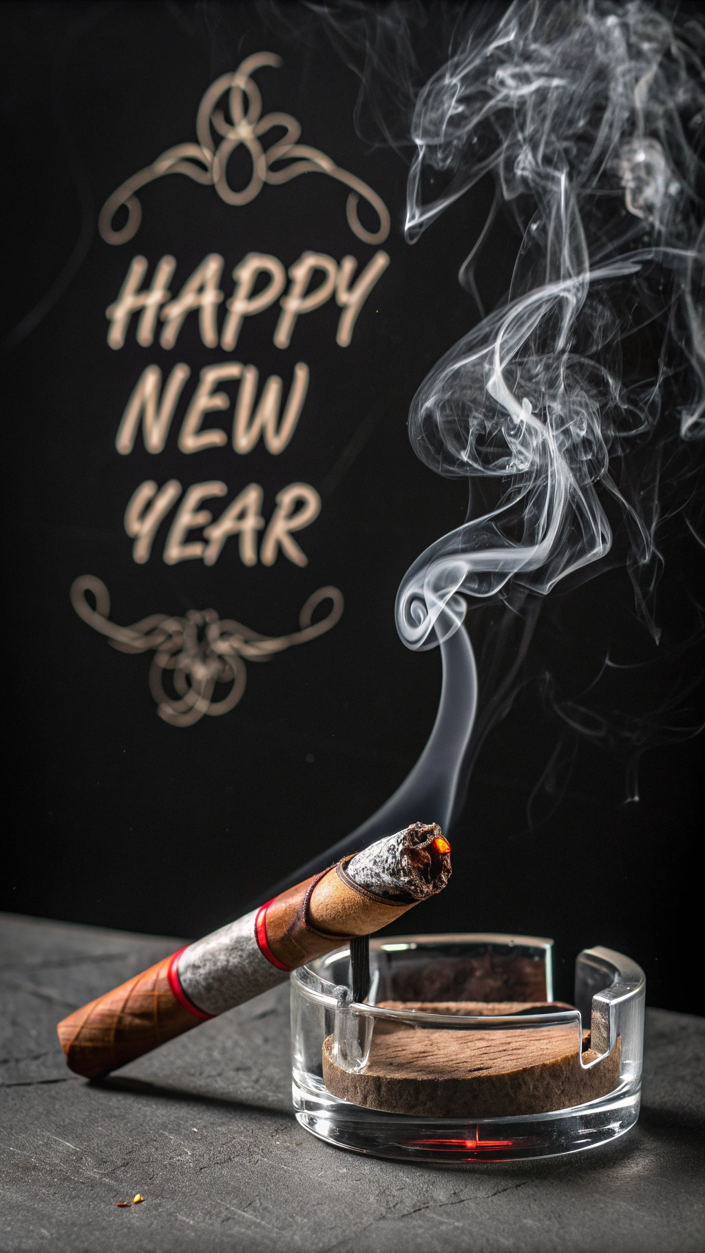 AI generated image by Red Panda AI: Create an elegant and stylish image with a black background. In the foreground, place a lit cigar in a sophisticated holder. The smoke rising from the cigar should form the words 'Happy New Year' in an artistic and flowing script, with the smoke twisting and swirling. The image should convey a sense of luxury and celebration, with the smoke as the central feature, blending seamlessly with the 'Happy New Year' message. The overall mood should be classy, festive, and mysterious, highlighting the connection between the cigar and the celebration.