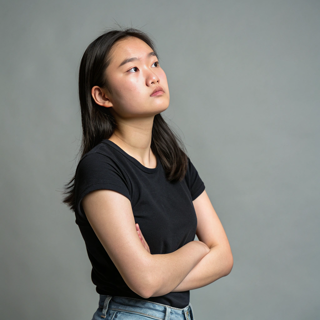 AI generated image by Red Panda AI: age 17 asia women straight face grey background half body