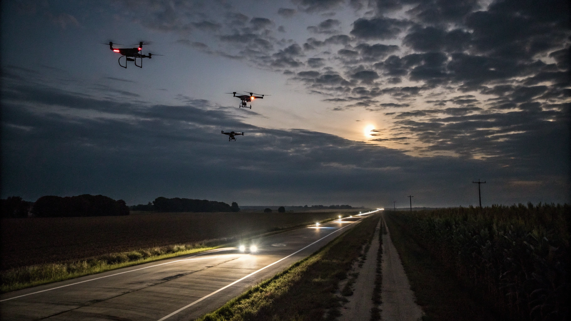 AI generated image by Red Panda AI: four drones come down from the clouds, over highway at night, a cornfield of nebraska is in the distance, at night, scene is dark, mysterious, lights shine down from drones as if looking for something