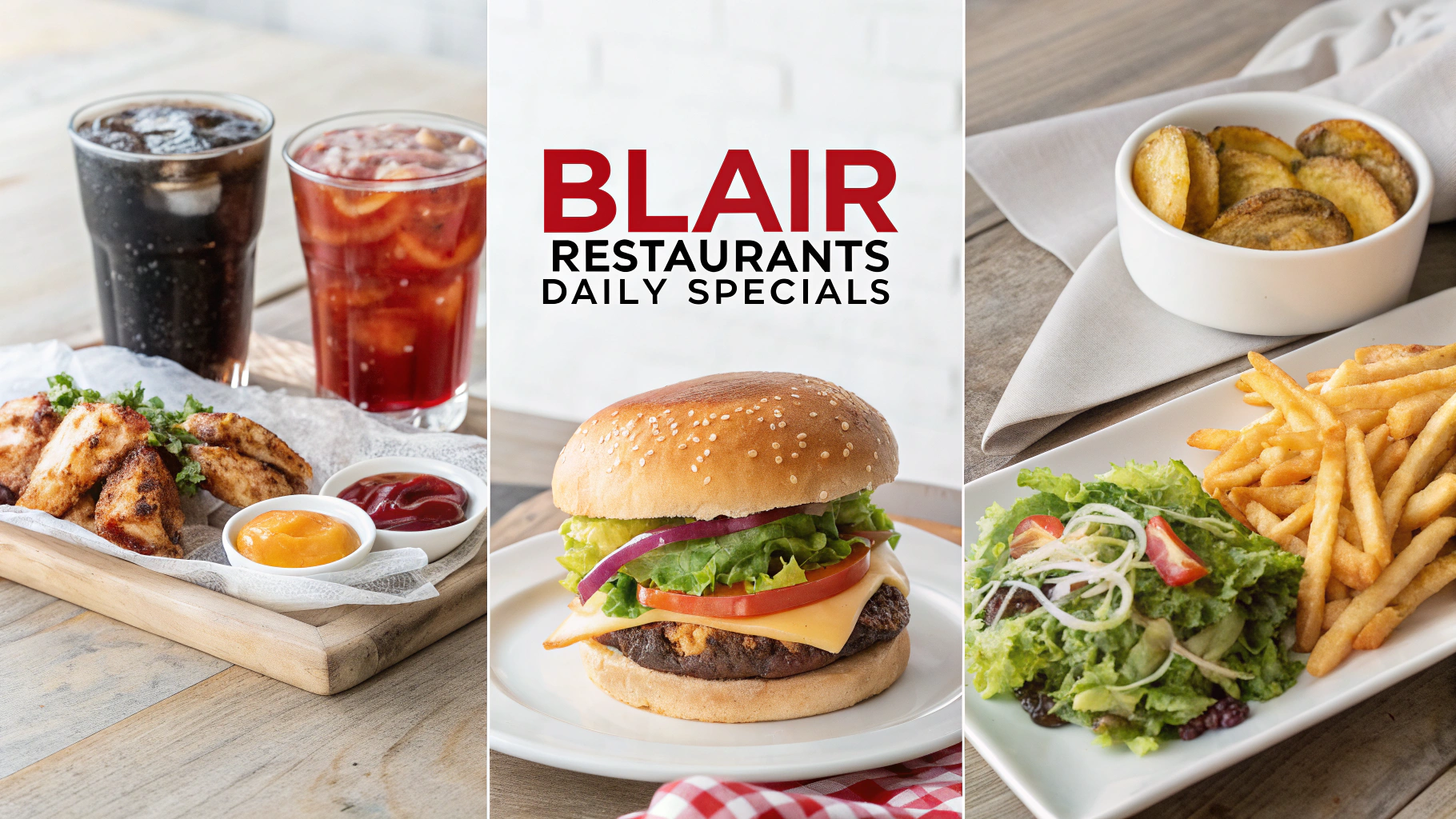 AI generated image by Red Panda AI: menu-inspired header graphic with these features: "Blair Restaurants Daily Specials", burgers and fries. Soda and salad.