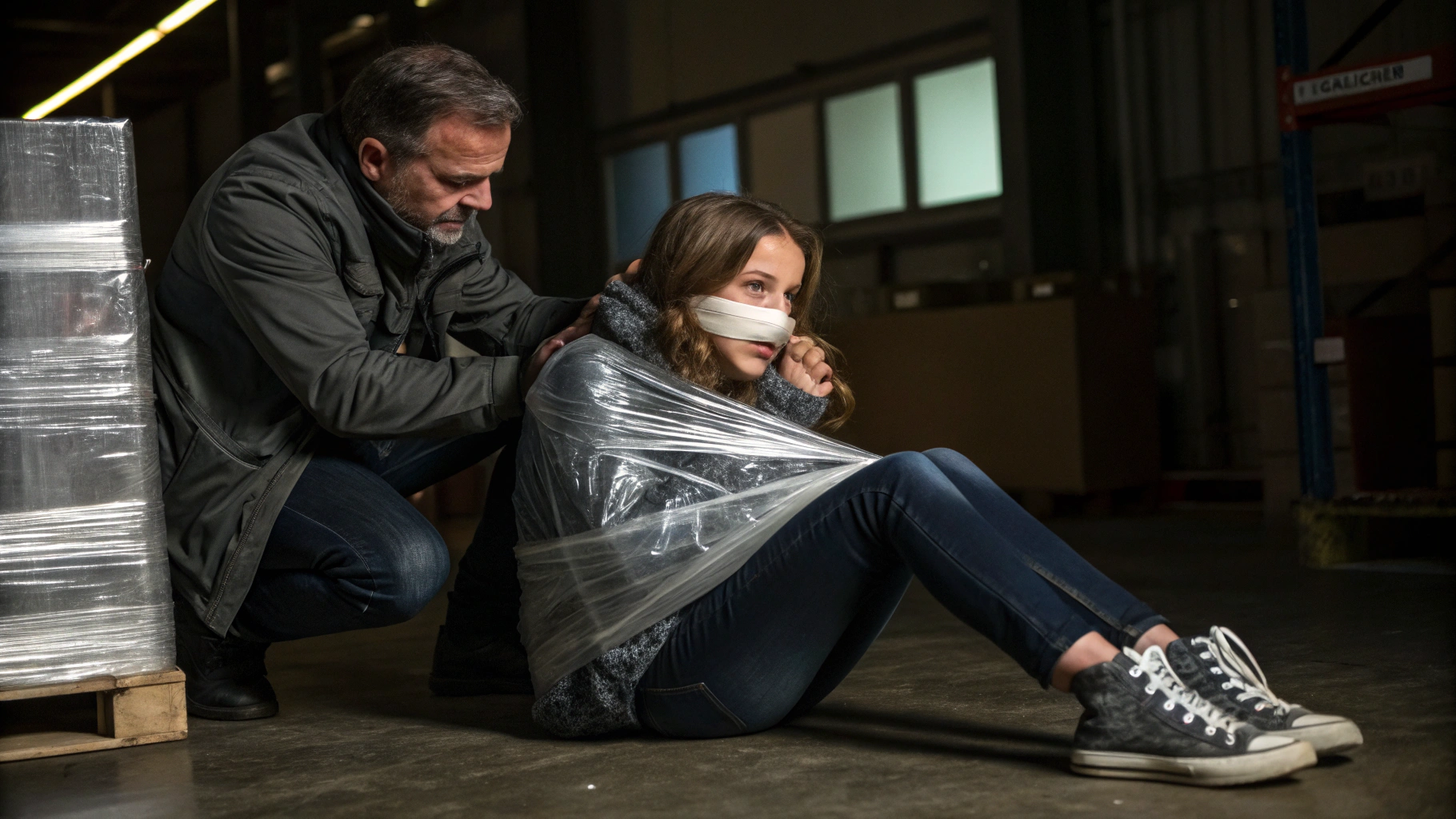 AI generated image by Red Panda AI: Full Body photo, Man kidnapped and saran wrapped a young teenager girl, man wrapped plastic foil over girl mouth, he also wrapping her hands and feets in plastic foil, warehouse scene