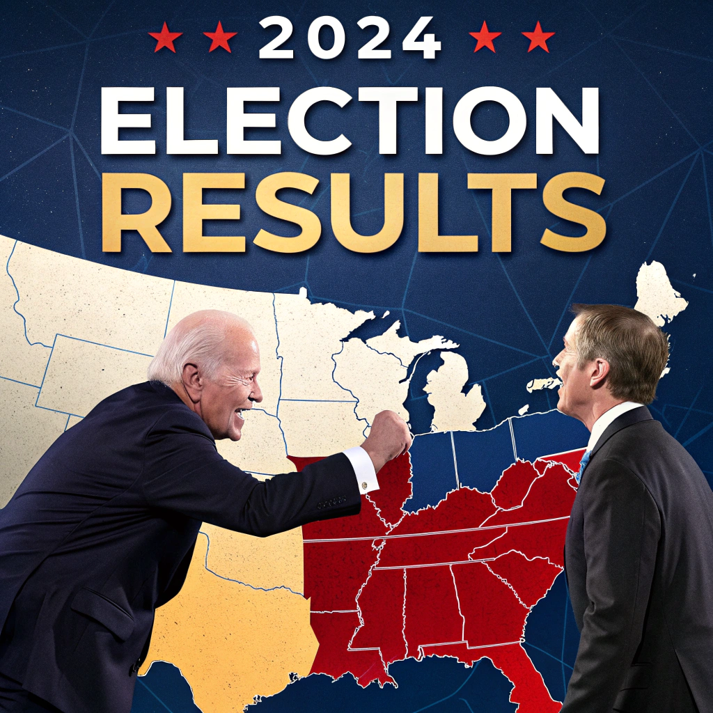AI generated image by Red Panda AI: Please generate an infographic about the 2024 election results using a battle scene with the two candidates on a background of the US electoral college map
