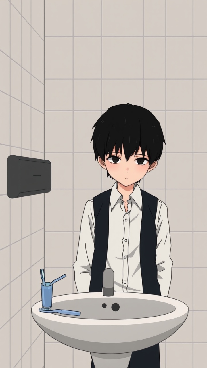 AI generated image by FLUX.1-schnell: Omocat's omori game artstyle, The image depicts a young person standing behind a bathroom sink, their expression somber. Their dark hair is neatly styled, and they are dressed in a white shirt with a dark vest. The tiled walls behind them are plain and featureless, creating a sense of isolation. The only other elements in the scene are a toothbrush and a glass on the counter, suggesting a routine that the individual may find difficult to engage in. The overall mood of the image is melancholic, hinting at a sense of loneliness or sadness. The subdued colors and minimalist composition further contribute to the somber atmosphere. The image leaves room for interpretation, inviting viewers to consider the inner thoughts and feelings of the subject.