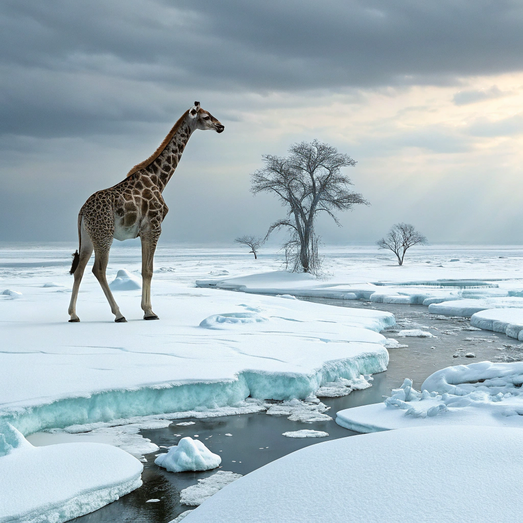AI generated image by Red Panda AI: Giraffe am Nordpol