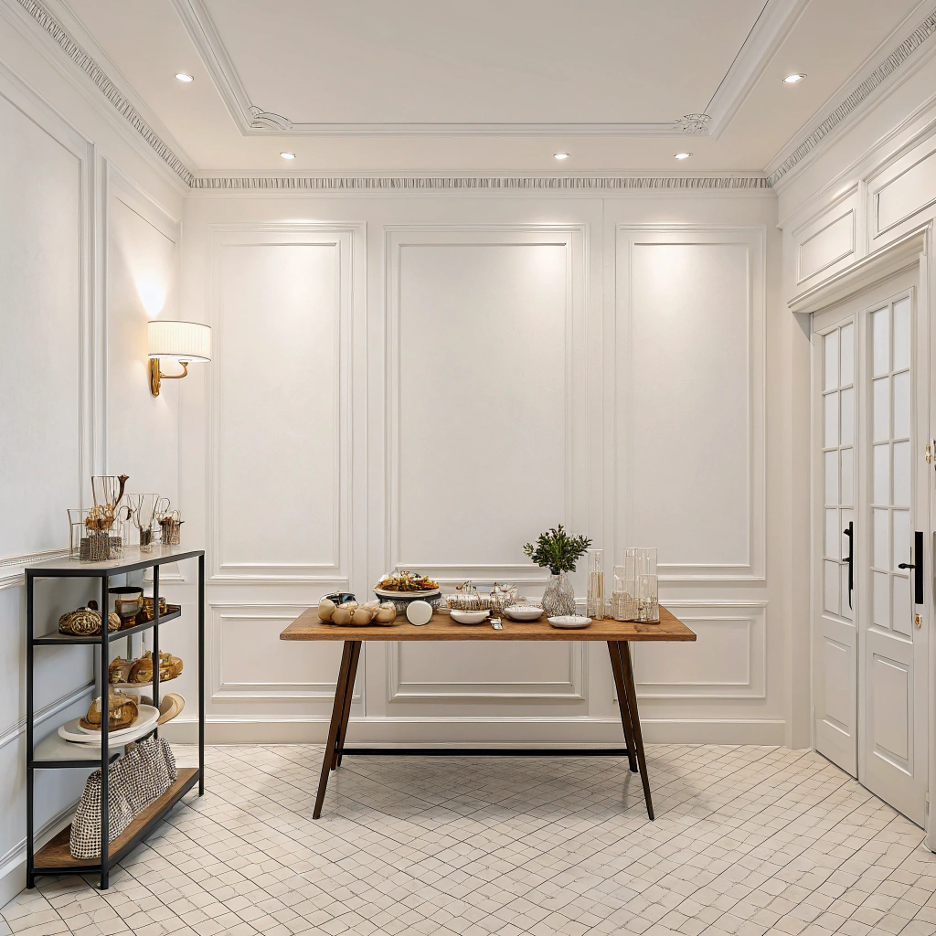 AI generated image by Red Panda AI: un cuarto con una mesa en el centro con una pared en blanco