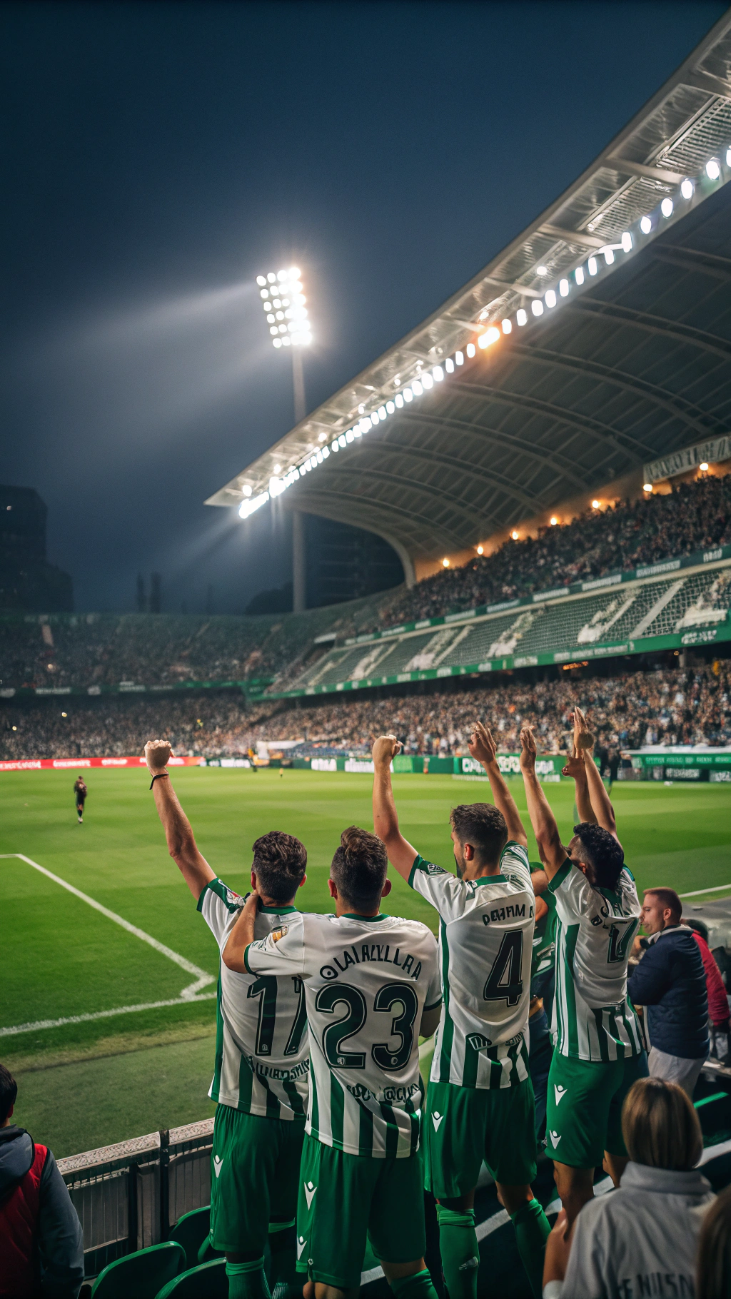 AI generated image by Red Panda AI: haz una imagen de los jugadores del Cordoba Club de Futbol celebrando un ascenso a primera division contra la Union Deportiva Almeria en el Estadio Bahrain Victorius Nuevo Arcangel