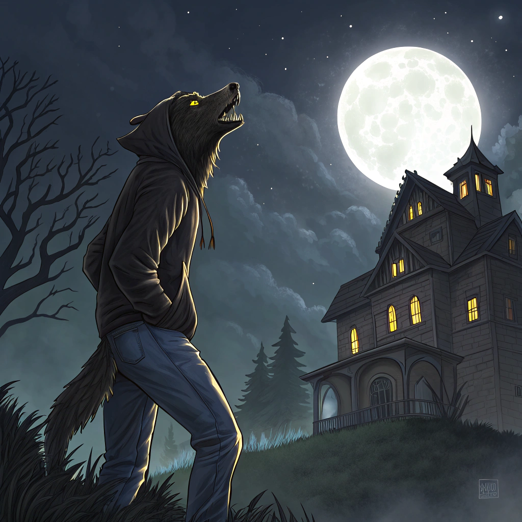 AI generated image by Red Panda AI: Un développeur web loup garou hurle à la lune avec un manoir dans son dos.