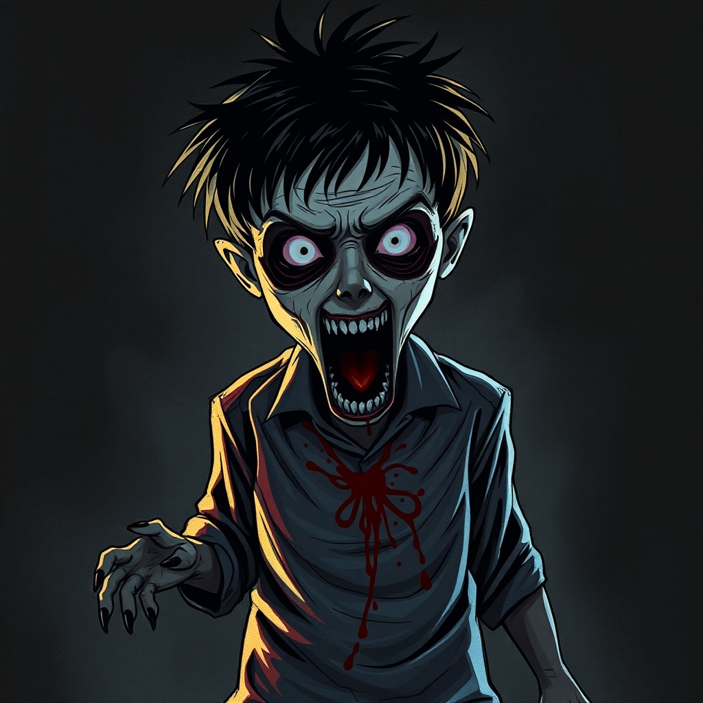 AI generated image by FLUX.1-schnell:
give me a real horror boy,the background is dark