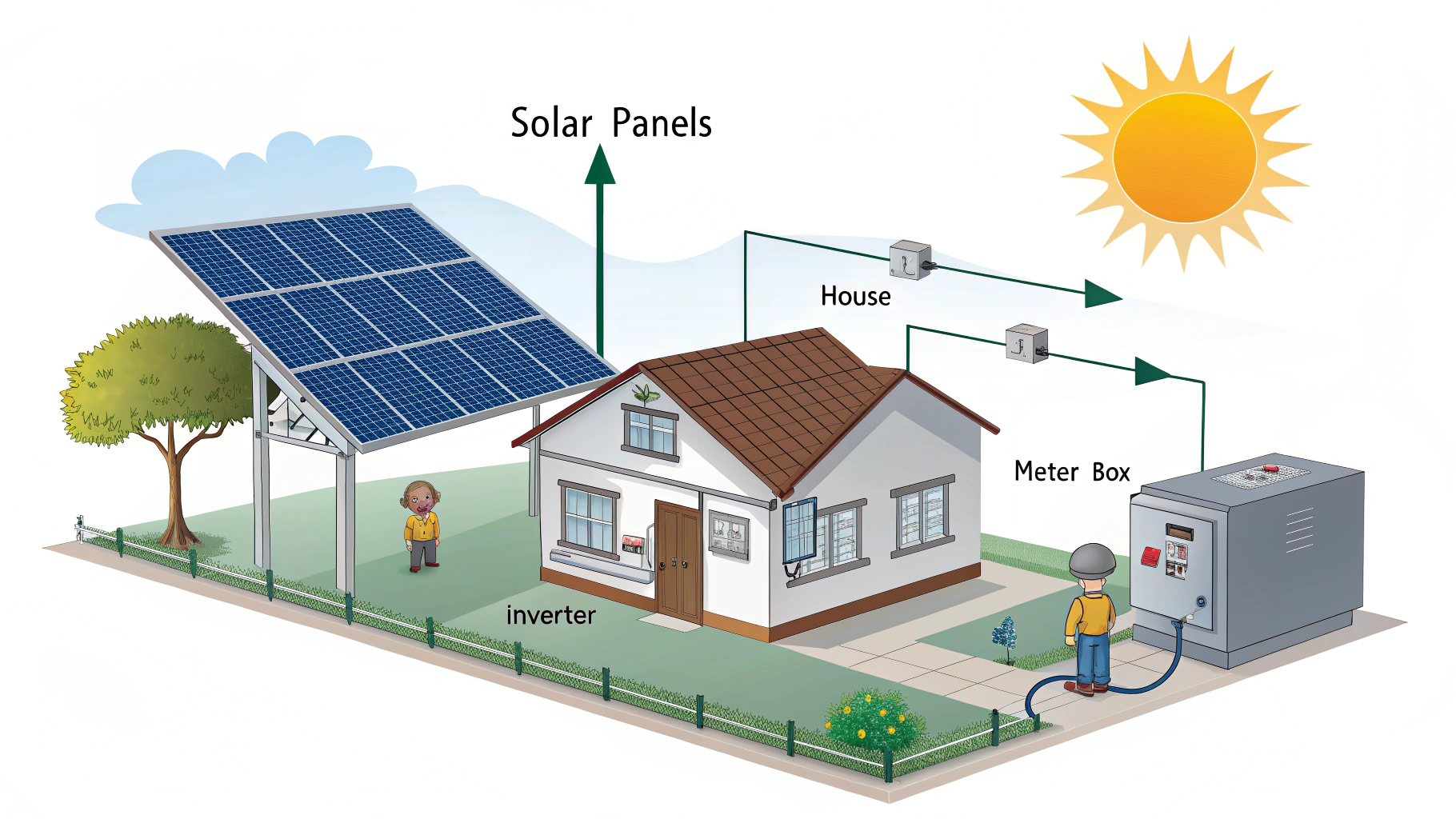 AI generated image by Red Panda AI: 我现在需要画一个图片,有关于户用光伏电站,要生成太阳、太阳能电板、房子、电表箱、逆变器,并且在途中标注好各个部位,以及电路流向,矢量图,3d
