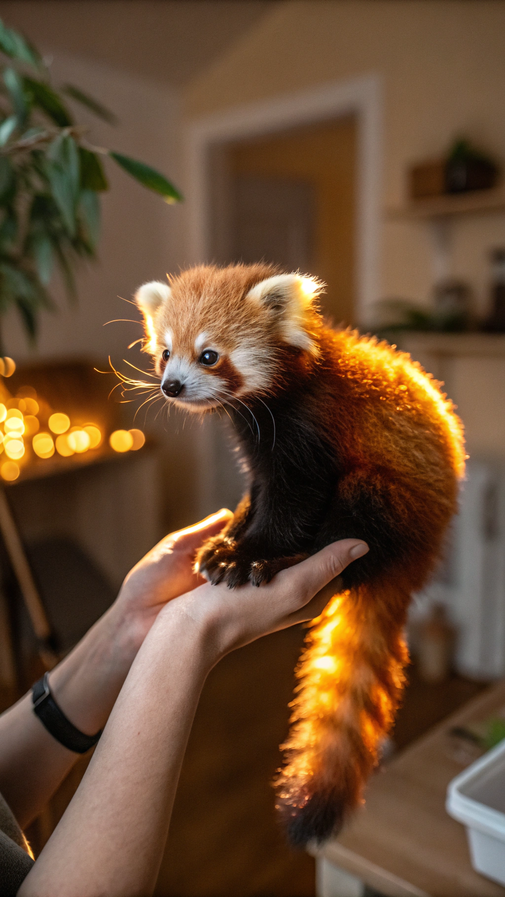 AI generated image by Red Panda AI: A realistic photograph of an incredibly tiny, glowing red panda perched gently on a person’s fingertip. The red panda’s fur has a radiant, almost magical golden-orange glow, with soft light reflecting off its fluffy coat and bushy tail. It has large, round eyes with a curious, innocent expression, and its tiny paws gently grasp the person’s finger for balance. The background is a softly blurred indoor setting with warm tones, creating a cozy, intimate atmosphere. The lighting is soft, enhancing the red panda’s luminous fur and tiny, delicate size on the fingertip