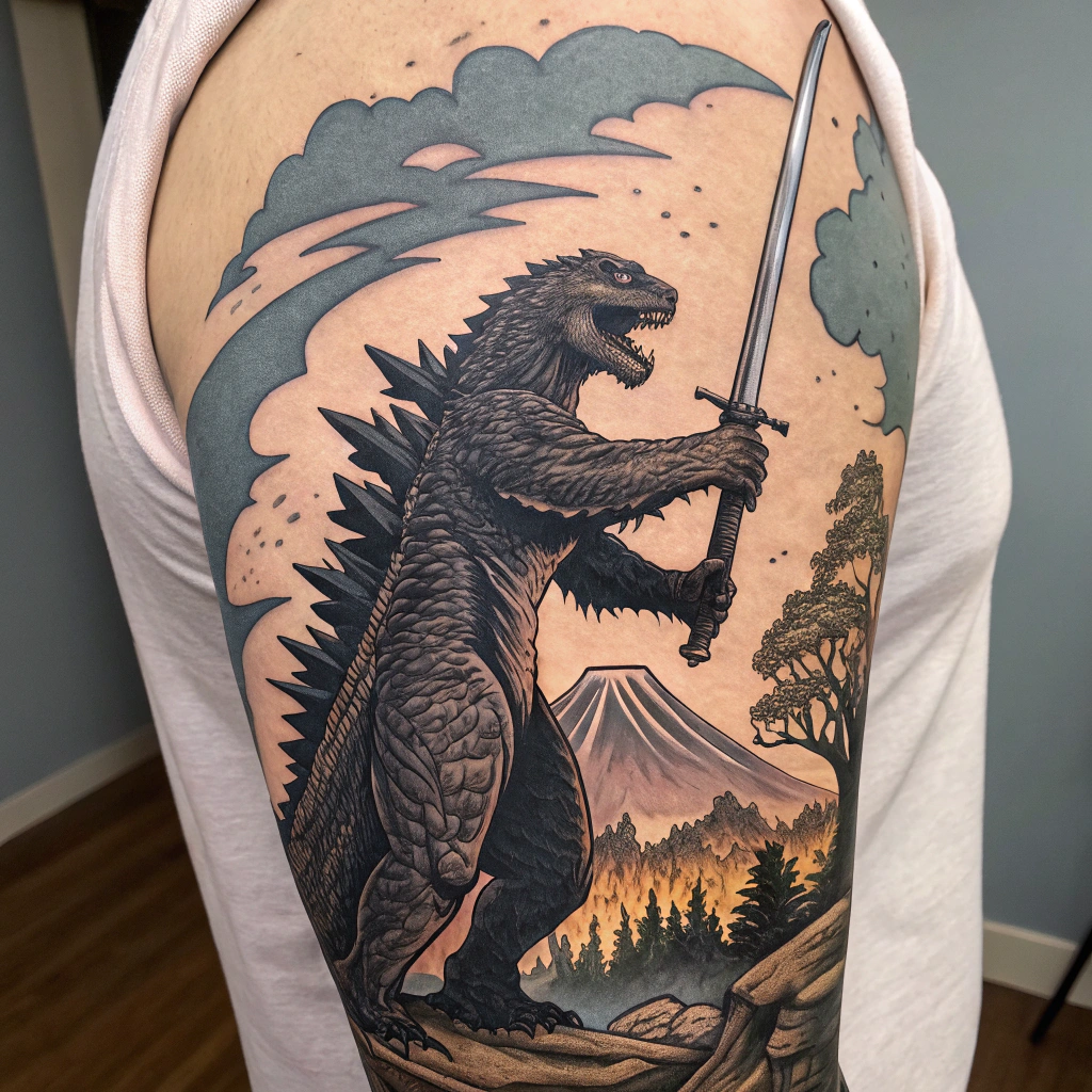 AI generated image by Red Panda AI: Create a tattoo with godzilla with two handed sword