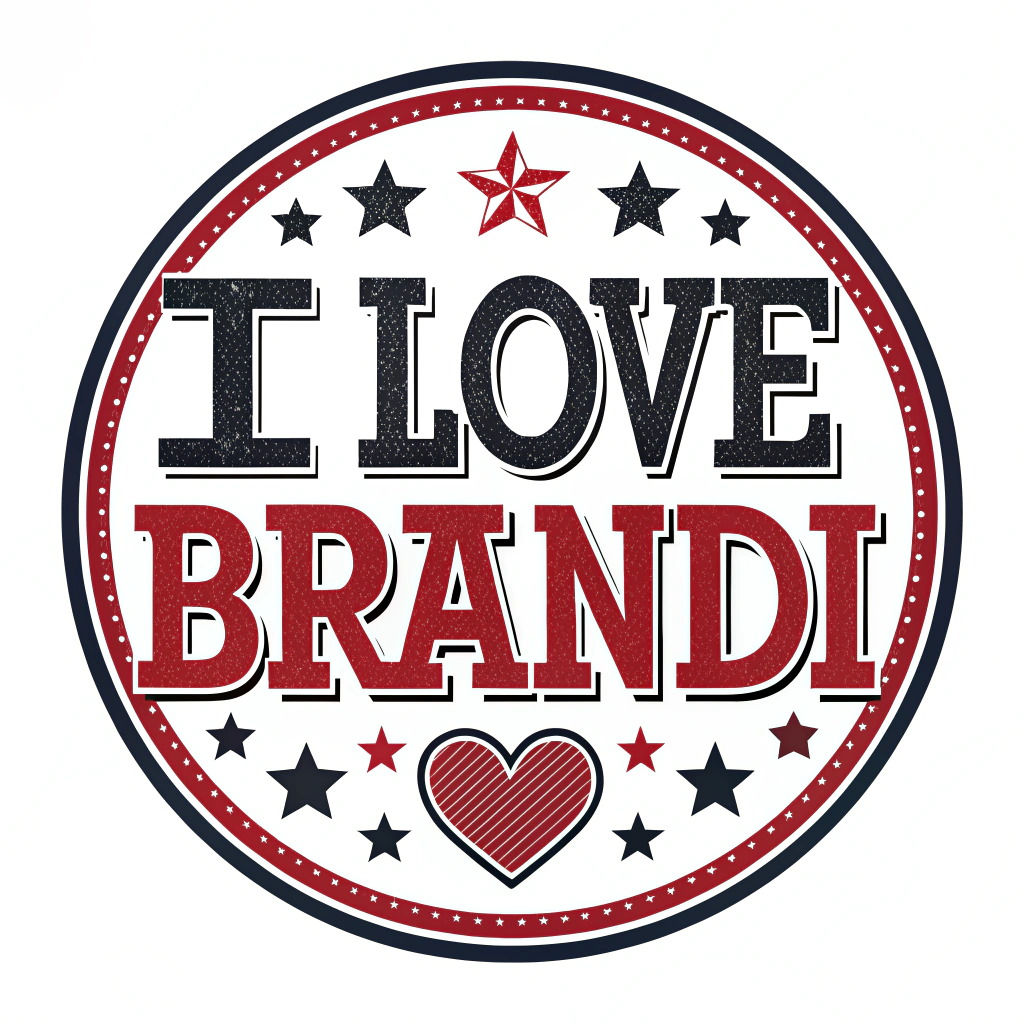 AI generated image by Red Panda AI: Circle logo, "I Love Brandi", on white background, red and white and black, only text, bold font, strong, western