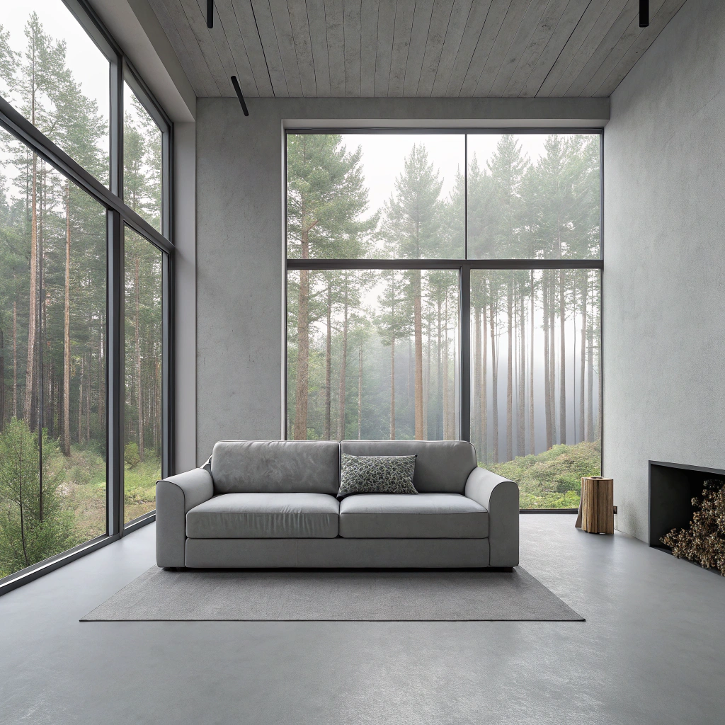 AI generated image by Red Panda AI: 极简风格,现代设计风格的室内生活空间。客厅,一扇大窗户,可欣赏到宁静的森林景色。房间被漆成柔和的灰色。中间摆放着一张灰色的沙发。光滑的灰地板。