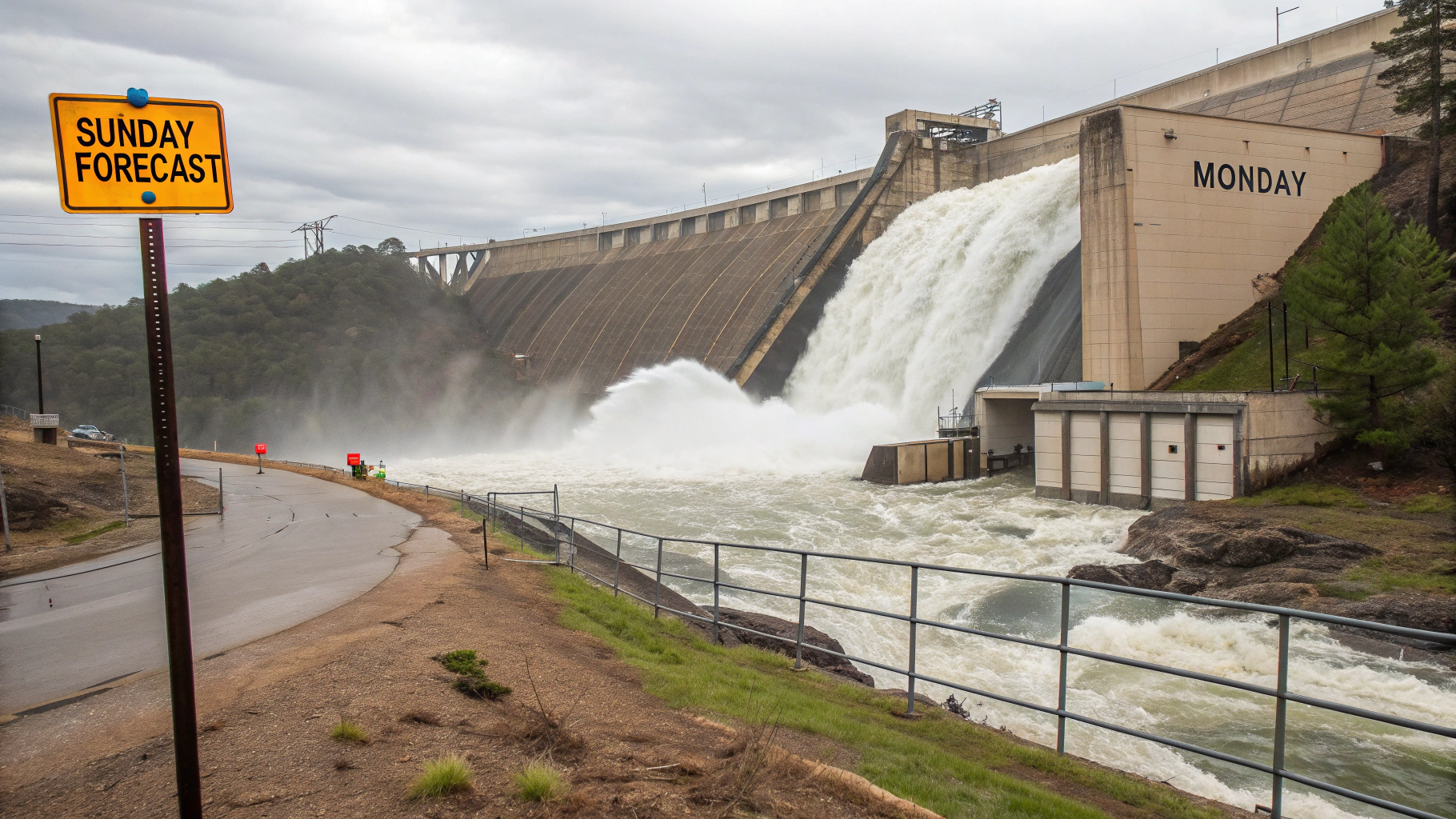 AI generated image by Red Panda AI: A striking illustration of a dam with a small crack that was expected to lead to a minor, controlled release of water. However, instead of the anticipated trickle, the entire dam has dramatically burst open, releasing a powerful torrent of water that far exceeds what observers predicted.
On the left side of the image, engineering diagrams and monitors show the expected minor breach with modest water flow predictions. These would be labeled "Sunday Forecast" with measurement lines indicating the anticipated water levels.
On the right side, reality unfolds as the massive wall of water crashes through, completely overwhelming the measurement instruments. A small sign reading "Monday" is being swept away in the current.
In the foreground, observers with clipboards and cautious expressions look utterly shocked at the scale of the water's momentum, while their carefully calculated projections are being drenched and washed away.