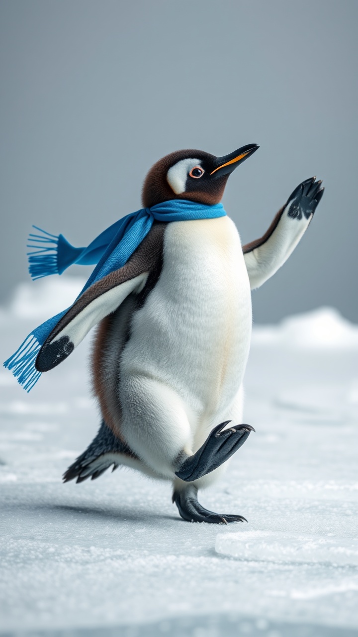 AI generated image by FLUX.1-schnell: A dancing baby penguin, one flipper up, one leg raised, spinning on icy ground, blue scarf flowing, spotlight effect, studio background, high detail, 4k"