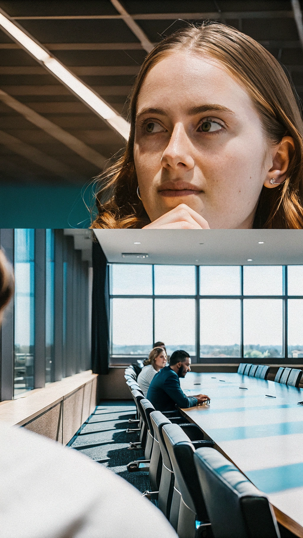 AI generated image by Red Panda AI: young western woman in a modern office boardroom meeting. She is watching two of the participants arguing and bickering. Her features display her strong ability to judge character effectively just by looking at them. Zoomed out view of boardroom with close up of you western woman