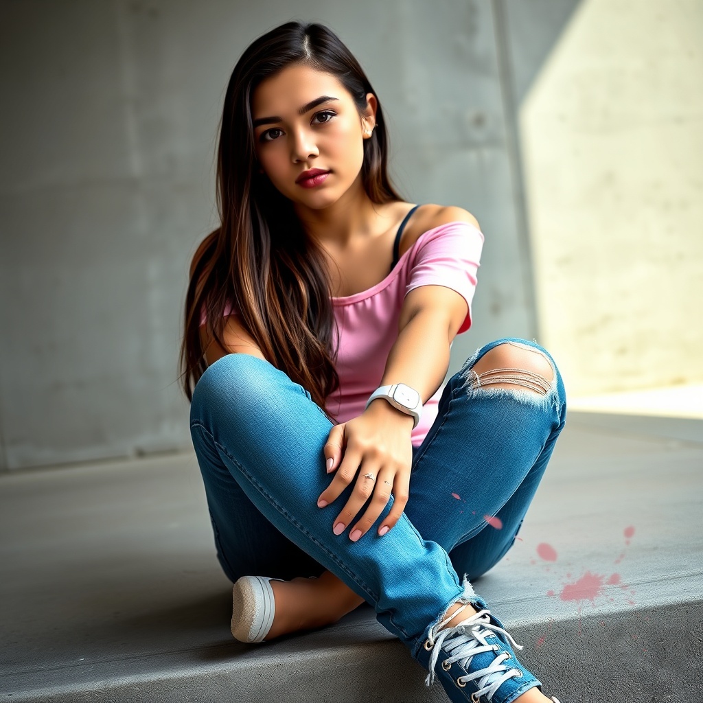 AI generated image by FLUX.1-schnell: A young woman (16-18 years old), with long, straight brunette hair framing her face, sits cross-legged on a wide, concrete step. She wears a semi-sheer, off-the-shoulder pink top and ripped blue jeans. Her gaze is thoughtful, directed slightly off-camera, hinting at introspection. The background is a minimalist, urban gray concrete wall, softly diffused light, casting gentle shadows.
**Focus on critical details on the jeans:**
- On her ring finger, a **white gold ring with a sparkling diamond**.
- On her hand, a **round Google Pixel Watch with a white band**.
- **Crucially, on her ripped blue jeans (specifically on the leg), there is a distinct, small, circular tear or perforation in the fabric, appearing as if made by a forceful impact.**
- **Adjacent to this fabric perforation, vibrant, impactful red paint splashes are visible, but ONLY on the fabric of the jeans, clearly identifiable as paint, not organic material.**
- **Right next to the fabric perforation and paint, a clear, stylized 60s peace symbol is drawn, **
- **Below the peace symbol, clearly legible text reads: "WAR NO, LOVE YES".**
**Lighting and Atmosphere:** Soft, diffused, natural lighting. Gentle shadows. The overall mood should be contemplative and subtly impactful, contrasting the softness with the strong message.
**Art Style/Quality:** Photorealistic, high-detail, cinematic lighting, ultra-fine details, sharp focus, 8k, professional photography. Another very small red round hole 2 cm in diameter