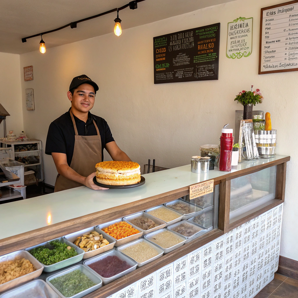 AI generated image by Red Panda AI: mostrador sin mesas de restaurante de franquicia chico mexicano con torta