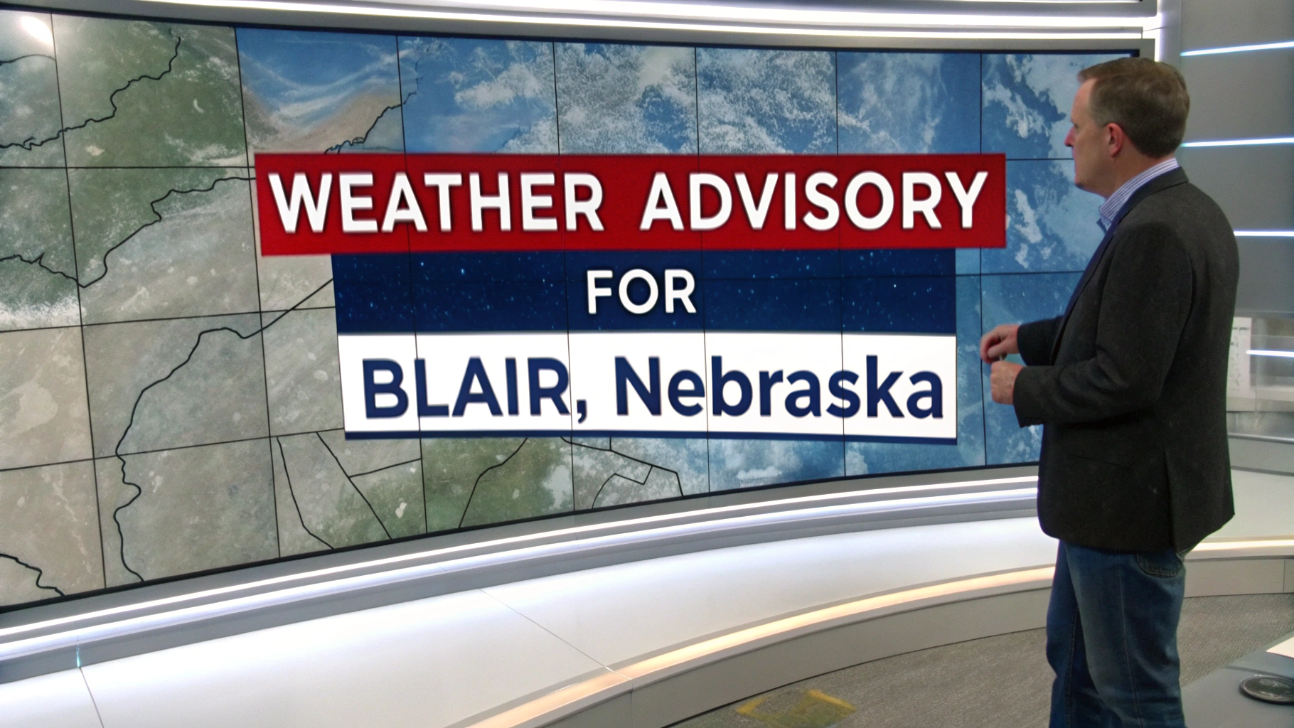 AI generated image by Red Panda AI: weather alert, dangerous cold, winter storm, snow, professional tv graphic text reads "Weather Advisory for Blair, Nebraska", a weather report graphic on TV flashes, "Weather Advisory for Blair, Nebraska"