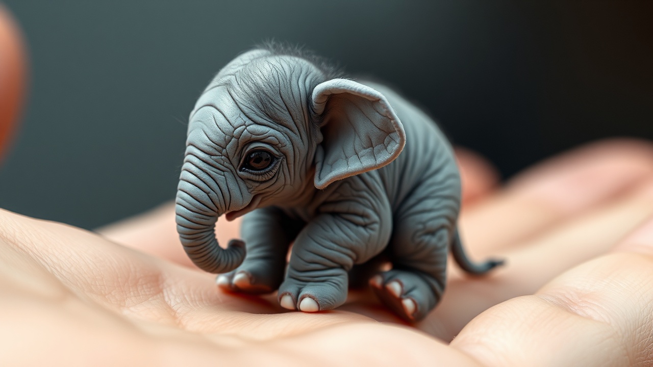 AI generated image by FLUX.1-schnell: Create a hyper-realistic image of a tiny baby elephant sitting on a human thumb. The elephant Is incredibly small, with wrinkled, gray skin and large, expressive eyes. I It holds onto the thumb with its tiny, adorable feet. The scene is focused closely on the baby elephant, highlighting its delicate features and soft fur on its body, with the human hand blurred in the background to emphasize the size contrast.