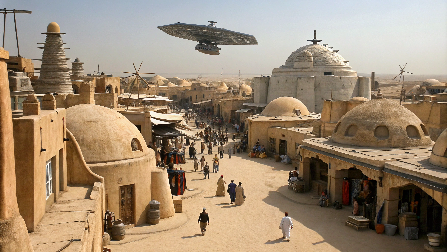 AI generated image by Red Panda AI: Star Wars cinematic style, Mos Eisley Spaceport, desert city of stucco rounded adobe style builsings, large crowd of aliens and droids walking around left and right, Star Destroyer ship flying above