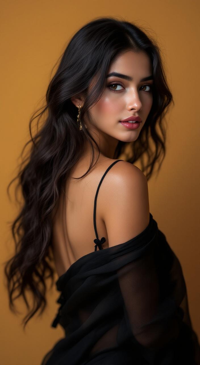 AI generated image by FLUX.1-pro: Create a 4K HD, ultra-realistic editorial portrait of a young Bangladeshi woman, using the uploaded reference image to keep her face, skin tone, facial structure, and identity 100% identical—do not alter her facial features in any way. She has long, dark, wavy hair cascading softly over her shoulders, adding natural movement and elegance to the composition.
Dress her in a translucent, elegant black saree draped over one shoulder, revealing a fitted blouse underneath. Capture her in a graceful over-the-shoulder pose, subtly showcasing the backless blouse with delicate tie knots, while her expression remains soft, serene, and confident.
Set the background as a plain, warm-toned studio wall, clean and distraction-free. Use soft, controlled lighting to create smooth highlights, gentle shadows, and realistic fabric texture. Apply cinematic color grading, shallow depth of field, and ultra-fine detail rendering to achieve a high-end, magazine-style traditional portrait that feels elegant, polished, and visually timeless—while keeping her face perfectly matched to the reference image."