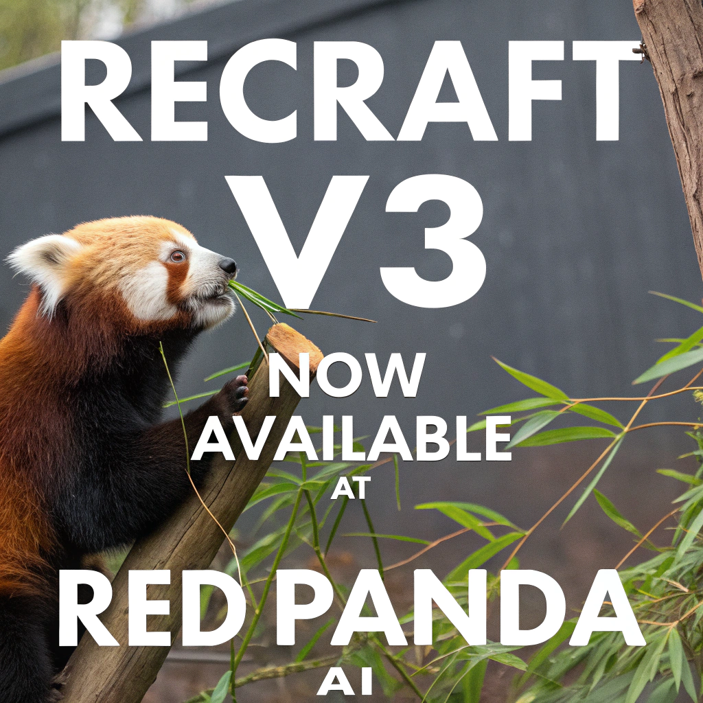 AI generated image by Red Panda AI: a red panda eating a bamboo in front of a poster that says "recraft V3 now available at red panda ai