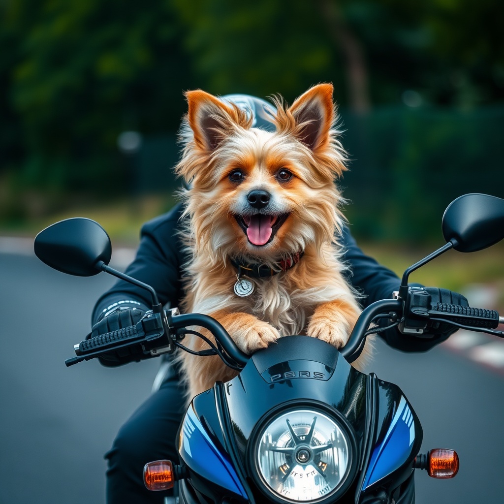 AI generated image by FLUX.1-schnell: un perro andando en moto
