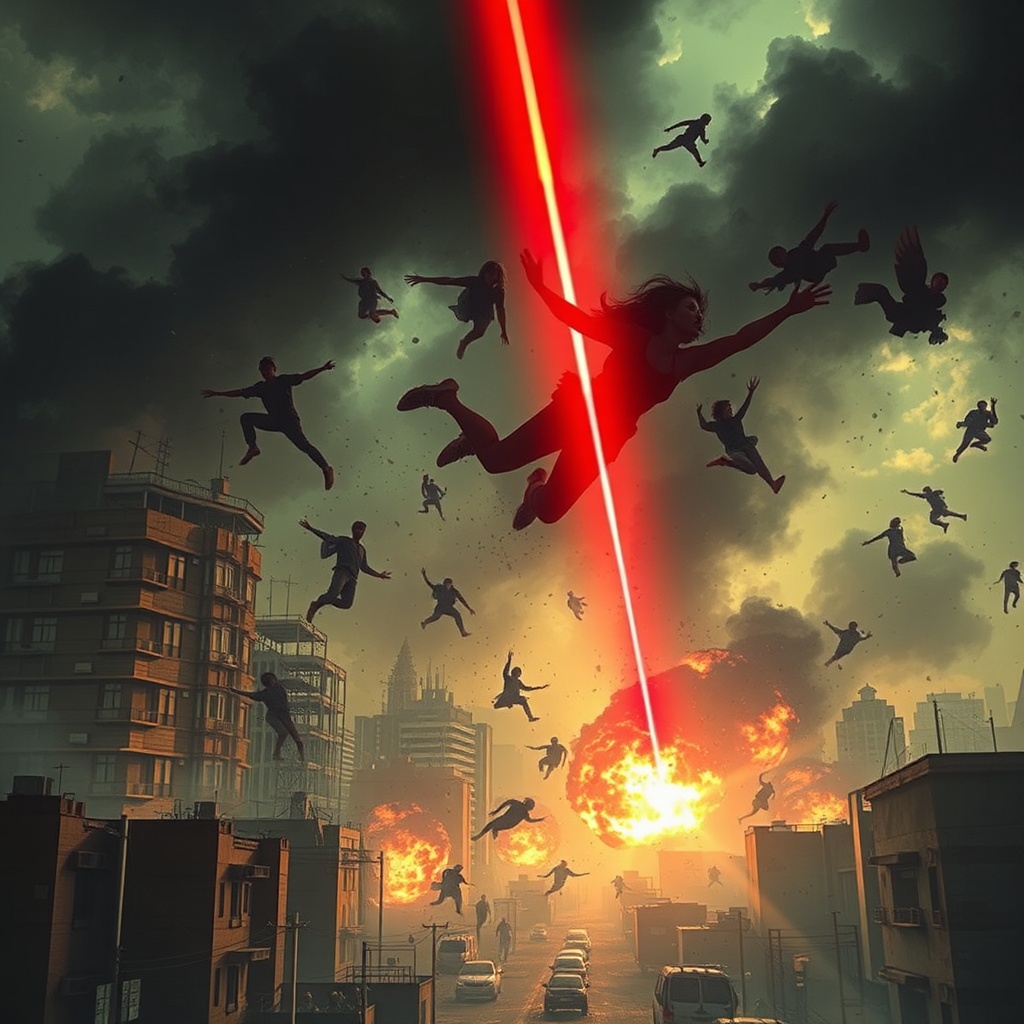 AI generated image by FLUX.1-schnell: personas volando y destruyendo con un rayo lasers rojo y peligroso en el fondo y gente huyendo asustada abajo, la ciudad completamente destruida, con atmosfera tenebrosa, explosiones por todas partes y gente gritando