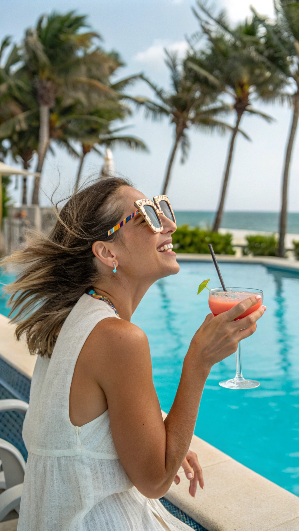 AI generated image by FLUX.1-schnell: Beautiful woman with funny glasses sipping a cocktail in the wind near a swimming pool