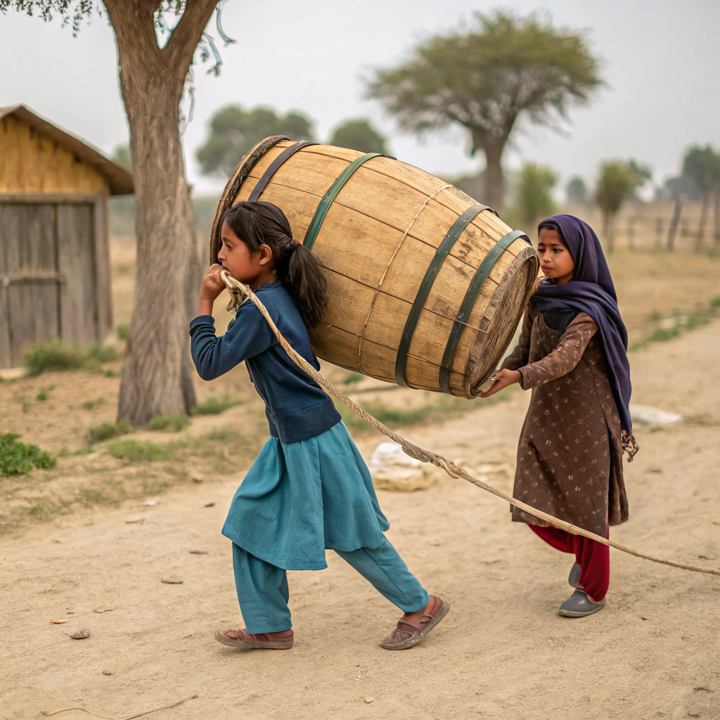 AI generated image by Red Panda AI: Two girls bring a barrel of honey