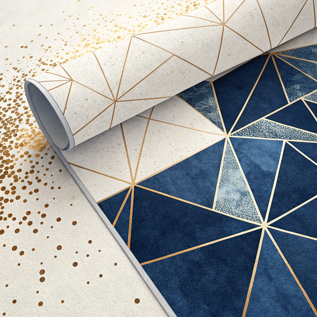 AI generated image by Red Panda AI: A modern geometric low-poly pattern in deep navy blue with varying shades (from dark navy to medium blue), covering the bottom-right diagonal portion of a white background. The pattern consists of irregular triangular facets connected by thin golden lines at their vertices, creating a crystalline, 3D mesh effect. Along the diagonal edge where the navy pattern meets the white space, there's a scattering of small golden-brown particles that disperse outward, creating a dissolving effect. The geometric pattern has subtle depth and shadowing, giving it a dimensional appearance. The entire composition is shown on a slightly angled, photorealistic business document cover with soft shadows suggesting a physical paper document. The lighting is soft and professional, highlighting the subtle paper texture and creating gentle shadows that enhance the 3D effect of the geometric pattern.