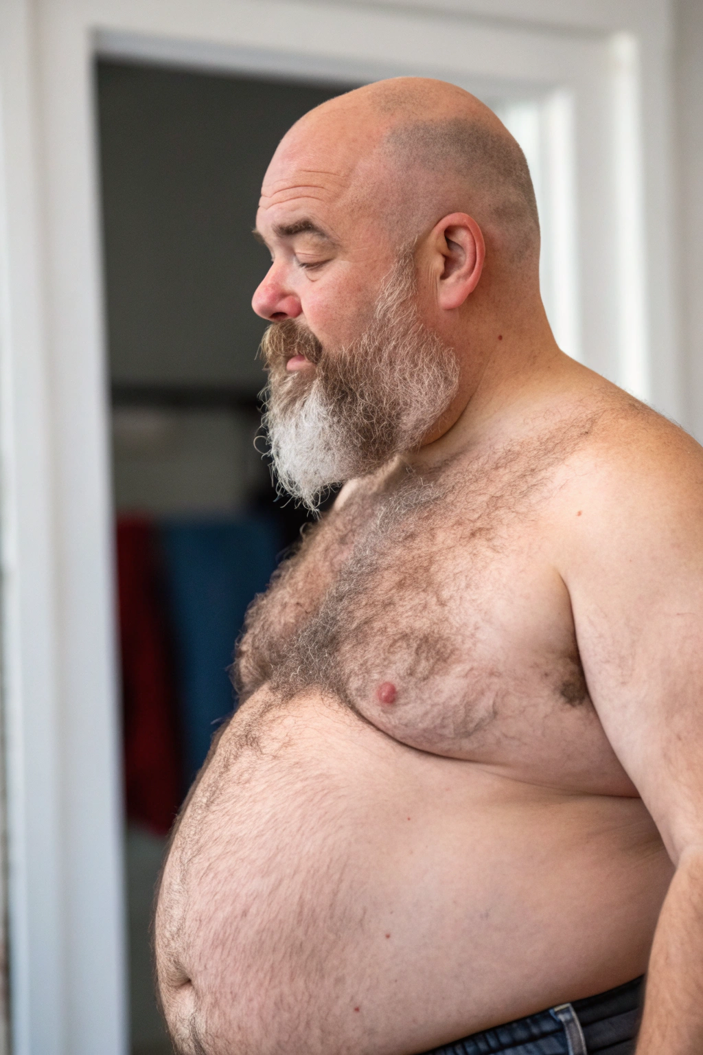 AI generated image by Red Panda AI: a studio shot of a bulky and slightly overweight 50 year old hirsute dad looking at his belly. Man has heavy amount of body hair, hairy chest pattern, expanding his bloated heavy bearded-belly, bald head, brown and white beard