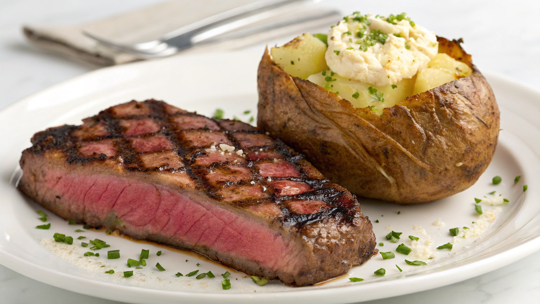 AI generated image by Red Panda AI: steak and baked potato on a plate, hot and ready to eat