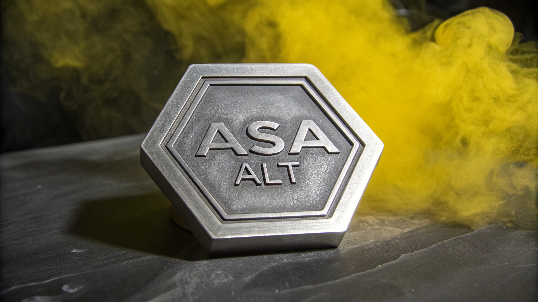 AI generated image by FLUX.1-schnell: A metal hexagon that has the letters ASA(ALT) engraved in the middle, a smokey black and yellow background.