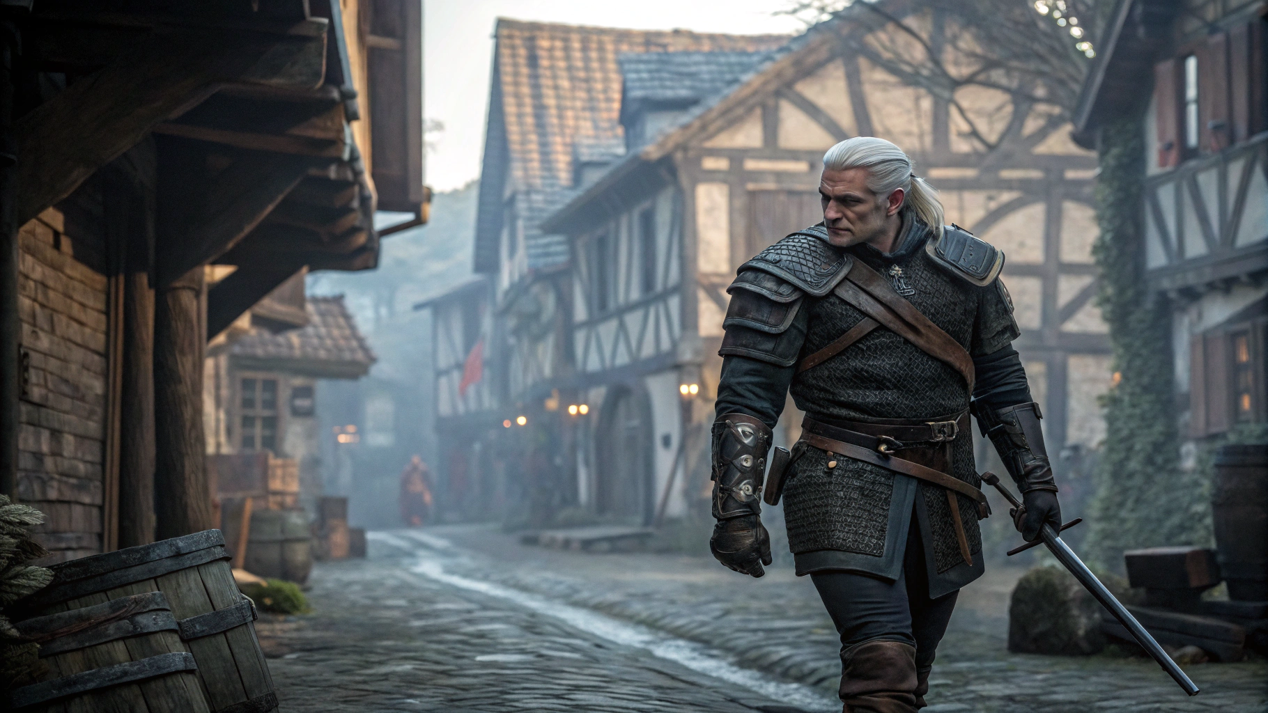 AI generated image by Red Panda AI: hyper-realistic photo of Geralt of Rivia walking through a medieval town, intensely detailed, cinematic