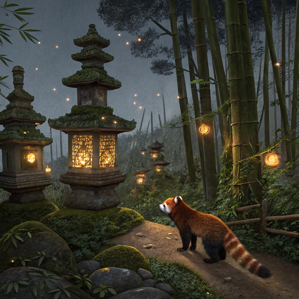 AI generated image by Red Panda AI: A curious red panda exploring an ancient bamboo forest temple at dusk, lanterns glowing softly around moss-covered stone statues, with fireflies adding a magical touch.