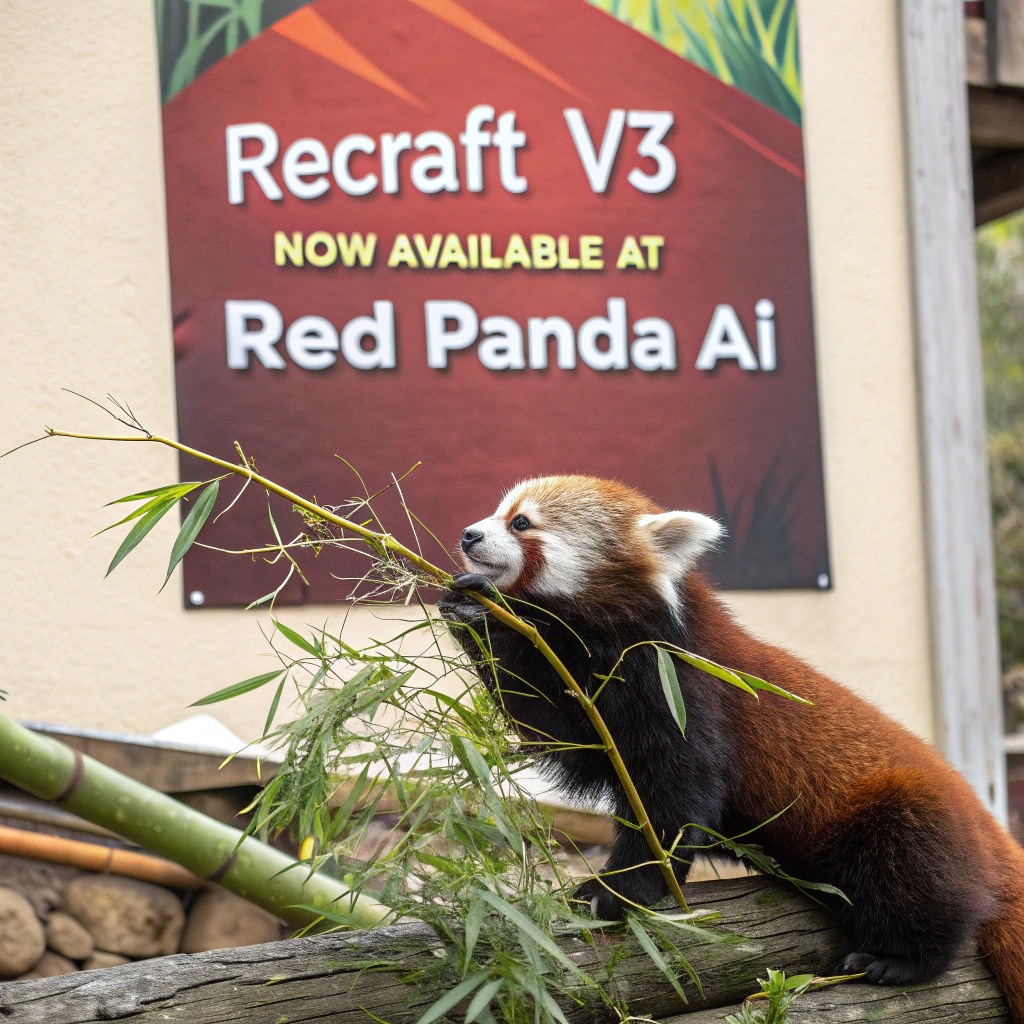 AI generated image by Red Panda AI: a red panda eating a bamboo in front of a poster that says "recraft V3 now available at red panda ai